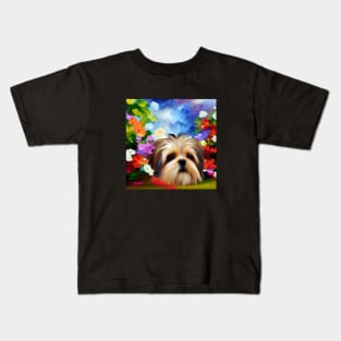 Shih Tzu Face Surrounded by Flowers Kids T-Shirt